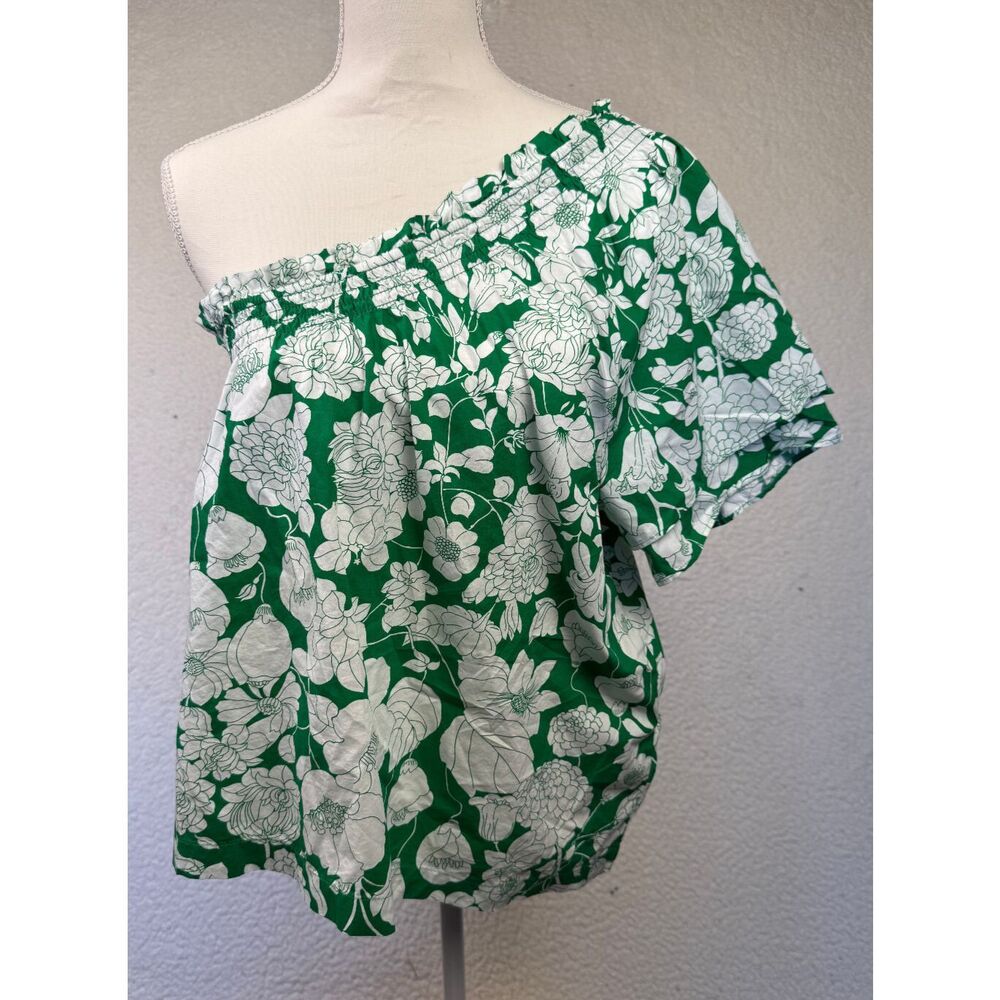J. Crew Kelly Green Floral Smocked One-shoulder Cotton Summer Preppy Top Medium